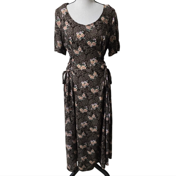 Vintage Floral Brown Tie Hips Front Midi Sundress - Picture 9 of 11